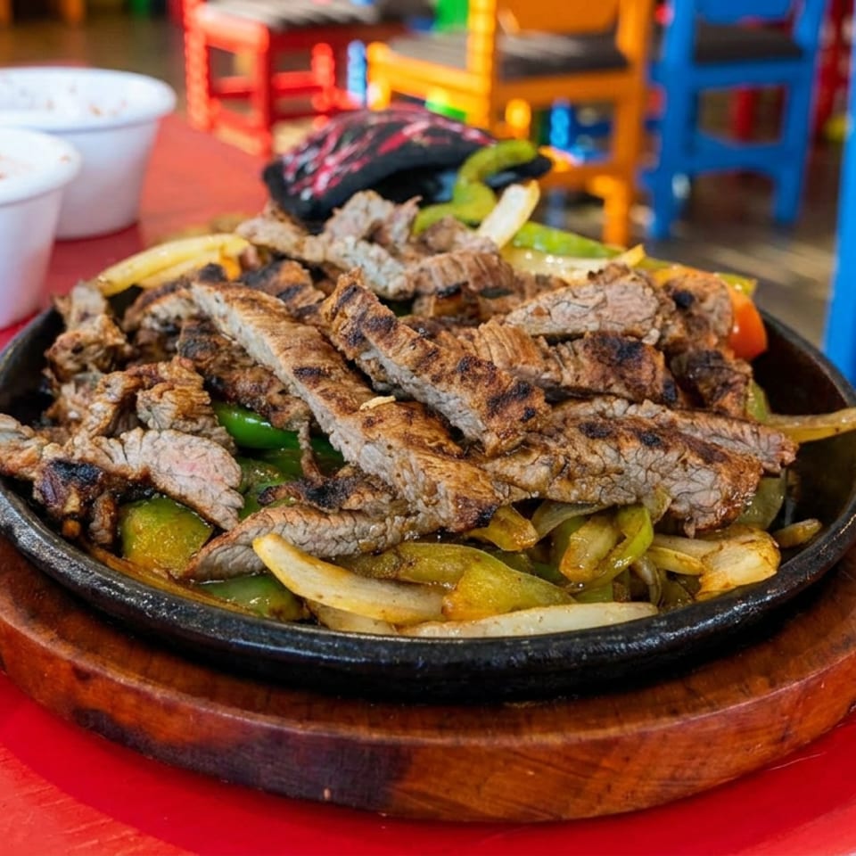 Sizzling grilled beef strips with peppers and onions served on a cast-iron platter, alongside rice and beans at a colorful restaurant.