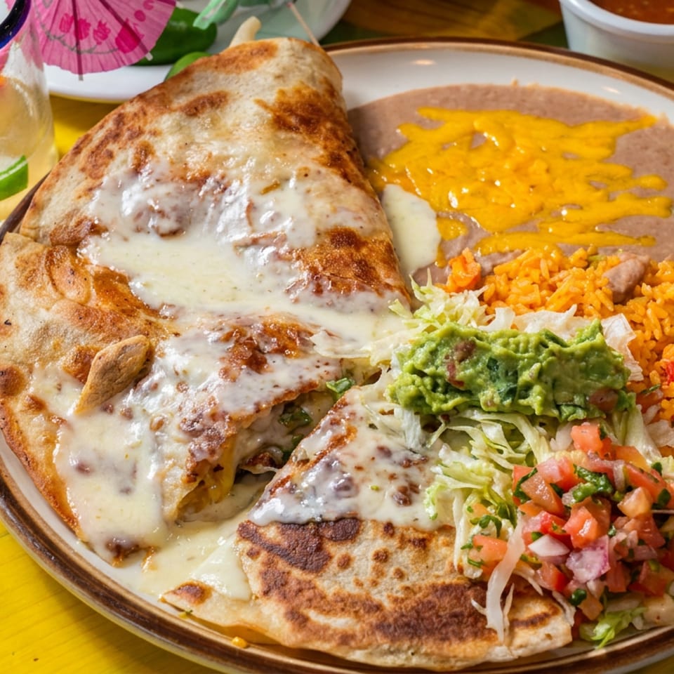 Cheesy Mexican-style stuffed tortillas served with refried beans, rice, guacamole, salad, pico de gallo, and crema.