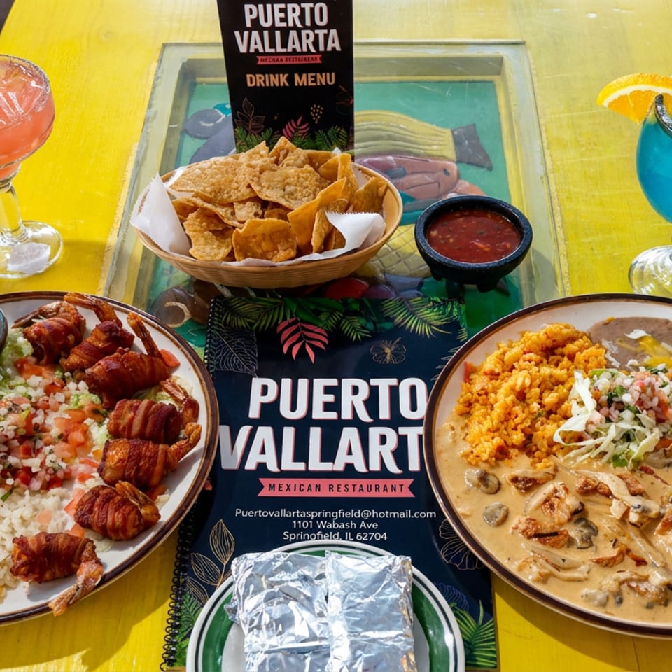 Mexican restaurant table featuring two plated entrees, tortilla chips with salsa, and colorful margaritas beside a Puerto Vallarta menu.