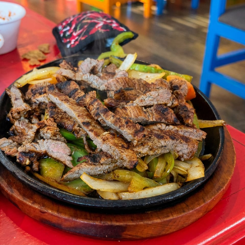 Grilled beef strips with peppers and onions served on a sizzling skillet, alongside rice, beans, and salsa on a colorful restaurant table.